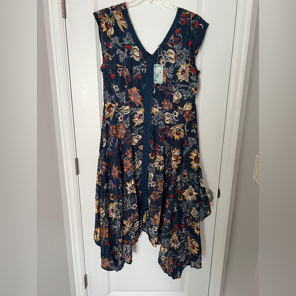 Nostalgia Apparel – Floral V-Neck Handkerchief Hem Midi Dress